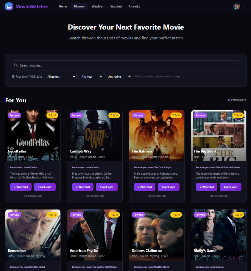 MovieWatcher Discover page preview