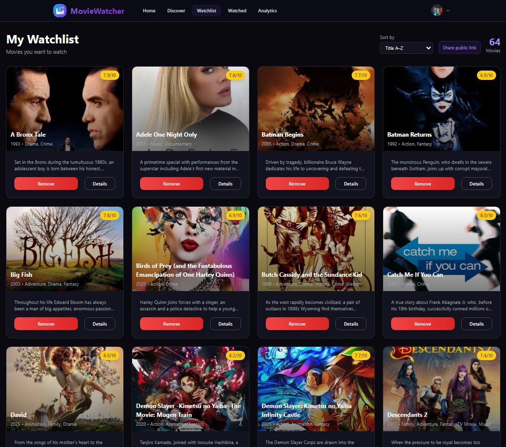 MovieWatcher watchlist page with saved movies